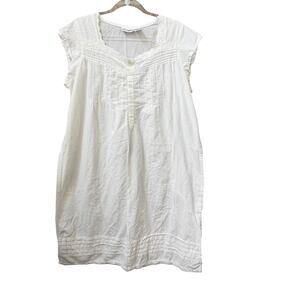 Loungees White Cotton House Dress Sz XL Lace Trim Pleating Cottage Core Leisure